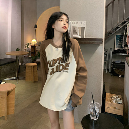 Loose And Slim Contrast Color Long Sleeve T-shirt For Women myETYN