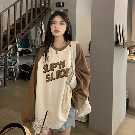 Loose And Slim Contrast Color Long Sleeve T-shirt For Women myETYN