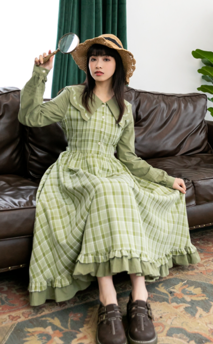 Loose Swing Skirt Mid Length Plaid Green Preppy Style myETYN