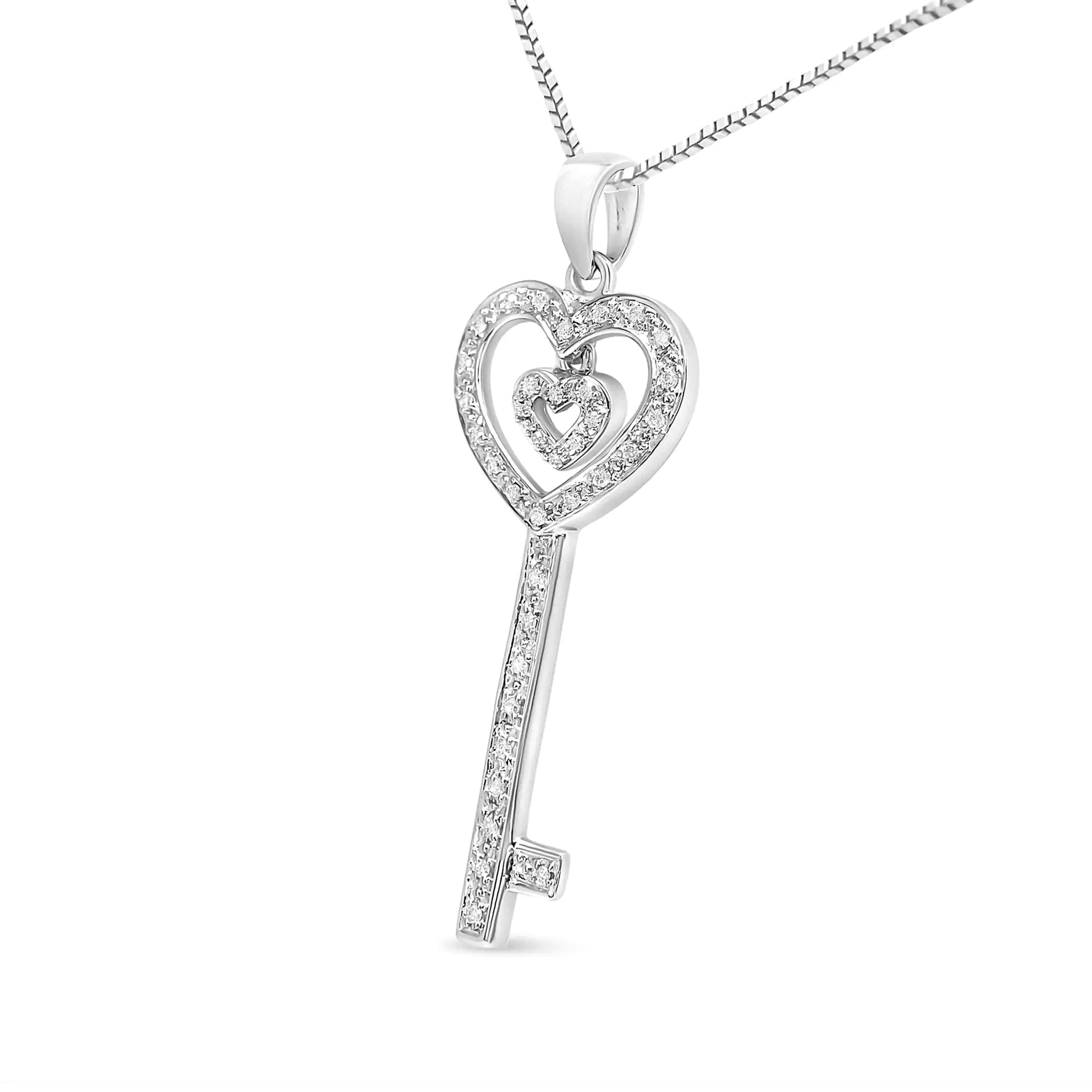 .925 Sterling Silver 1/5 Cttw Round - Cut Diamond Double Heart & Key 18" Pendant Necklace (I - J Color, I3 Clarity) - myetyn