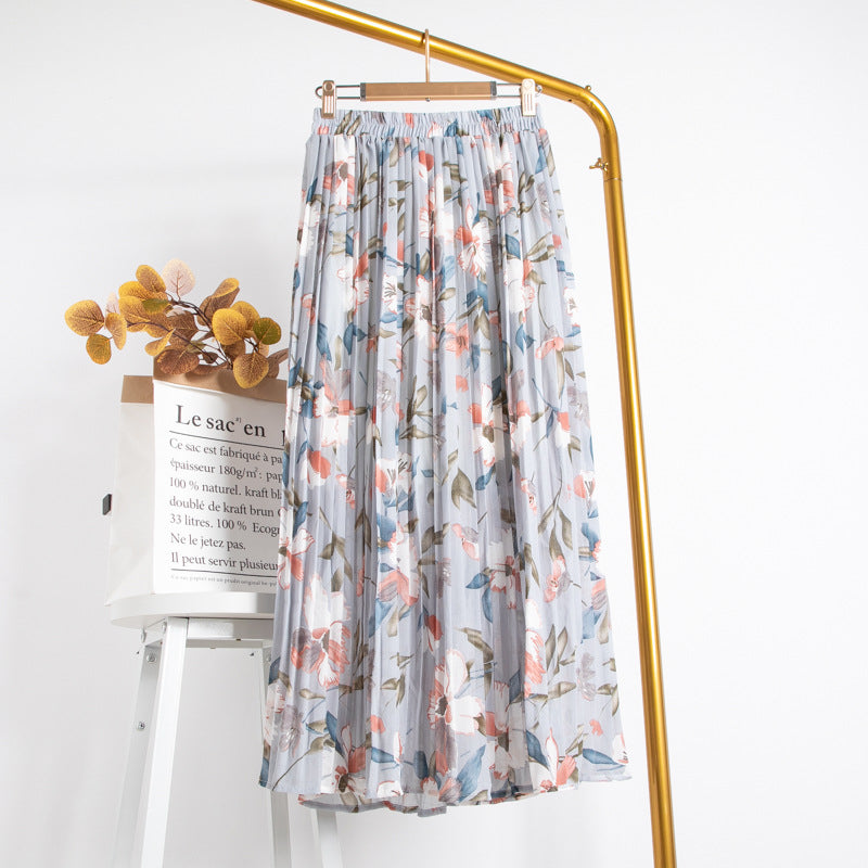 Mid-Length Chiffon Pleated Floral Skirt myETYN