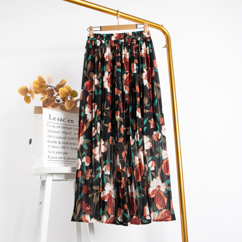 Mid-Length Chiffon Pleated Floral Skirt myETYN