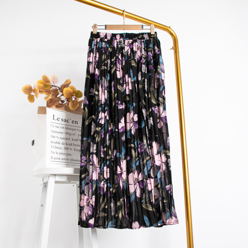 Mid-Length Chiffon Pleated Floral Skirt myETYN