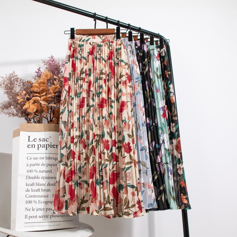 Mid-Length Chiffon Pleated Floral Skirt myETYN