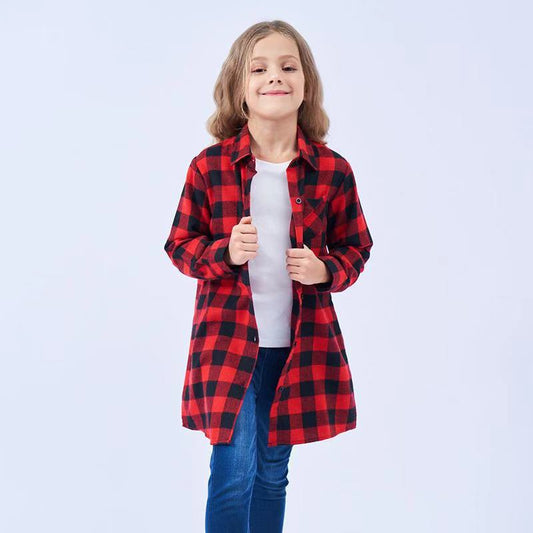 Mid-length Girls Plaid Shirt Long-sleeved Brushed myETYN