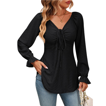 New European And American V-neck Drawstring Waist Sexy Long Sleeve Solid Color T-shirt myETYN