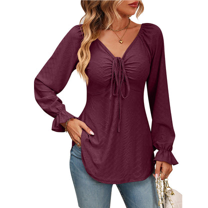 New European And American V-neck Drawstring Waist Sexy Long Sleeve Solid Color T-shirt myETYN