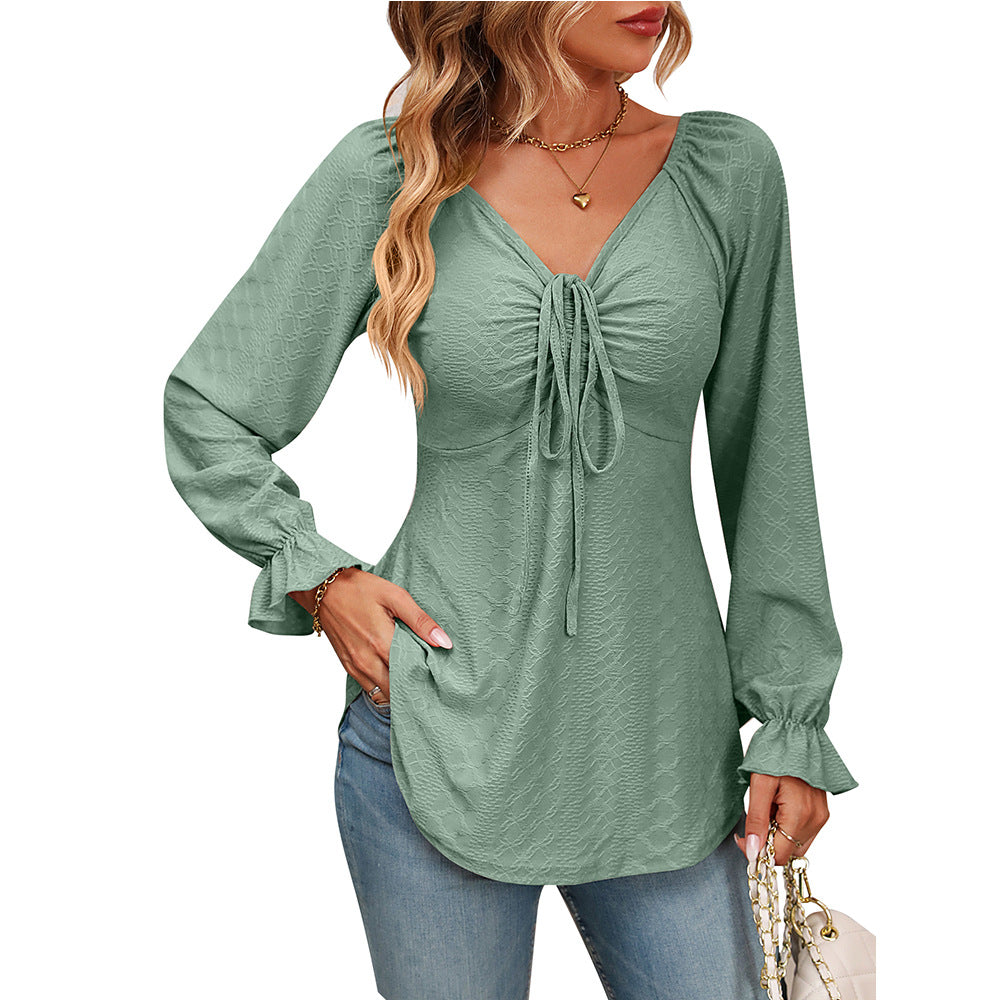 New European And American V-neck Drawstring Waist Sexy Long Sleeve Solid Color T-shirt myETYN