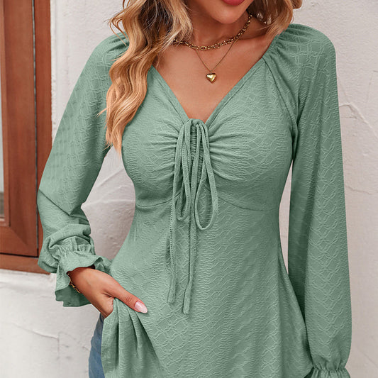 New European And American V-neck Drawstring Waist Sexy Long Sleeve Solid Color T-shirt myETYN