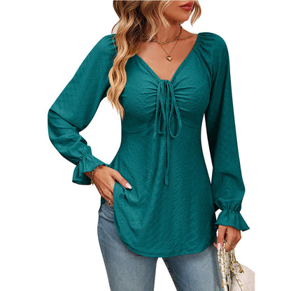 New European And American V-neck Drawstring Waist Sexy Long Sleeve Solid Color T-shirt myETYN