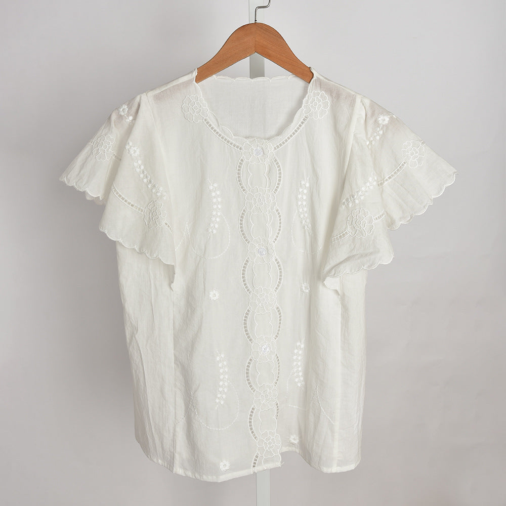 Niche Hollow Embroidery Design Sense Ruffle Top myETYN