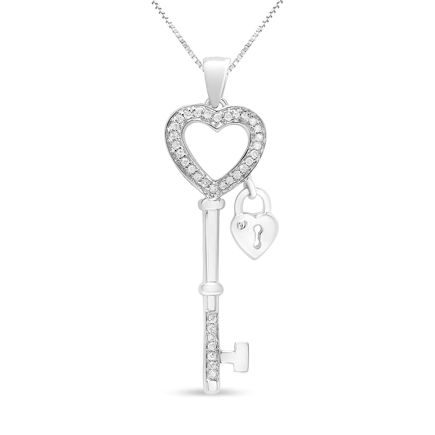 .925 Sterling Silver 1/4 Cttw Diamond Lock & Key heart 18" Pendant Necklace (I-J Color, I3 Clarity)