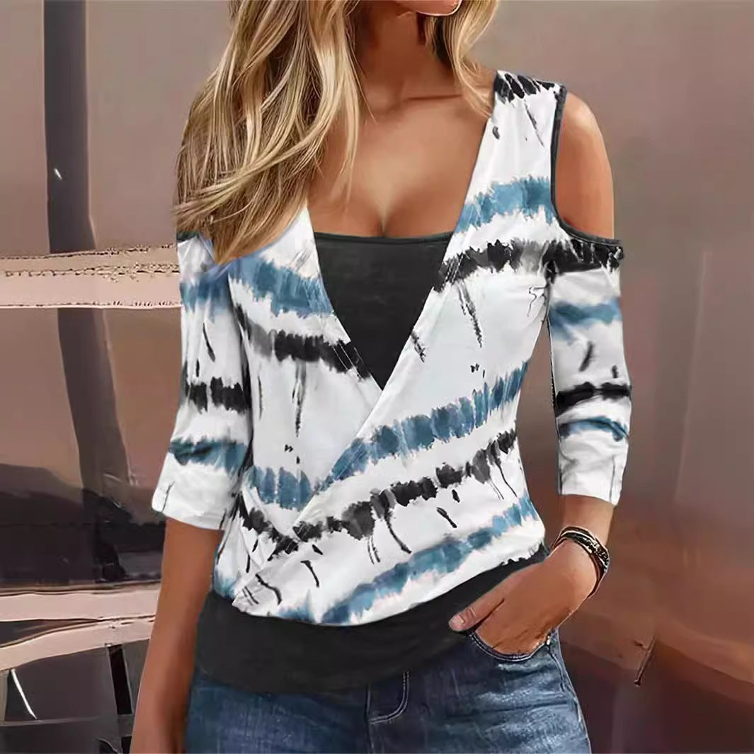 European And American Striped Printed Off-the-shoulder Casual V-neck Fake Two-piece Long-sleeved T-shirt