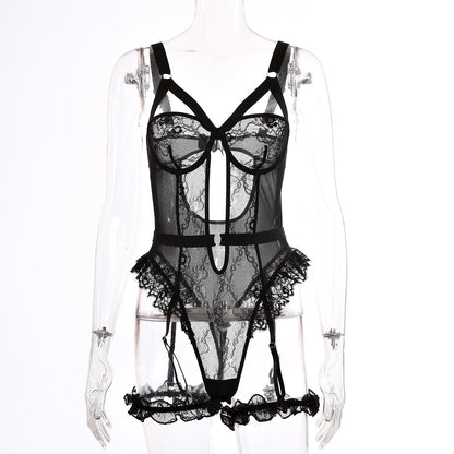 Sexy Lace Lace Cutout See through Sling One Piece Sexy Lingerie Jumpsuit with Leg Ring