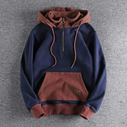 Autumn & Winter Men's Retro Hooded Sweatshirt with Fleece Lining and Stand Collar in Trendy Contrast Colors - myETYN