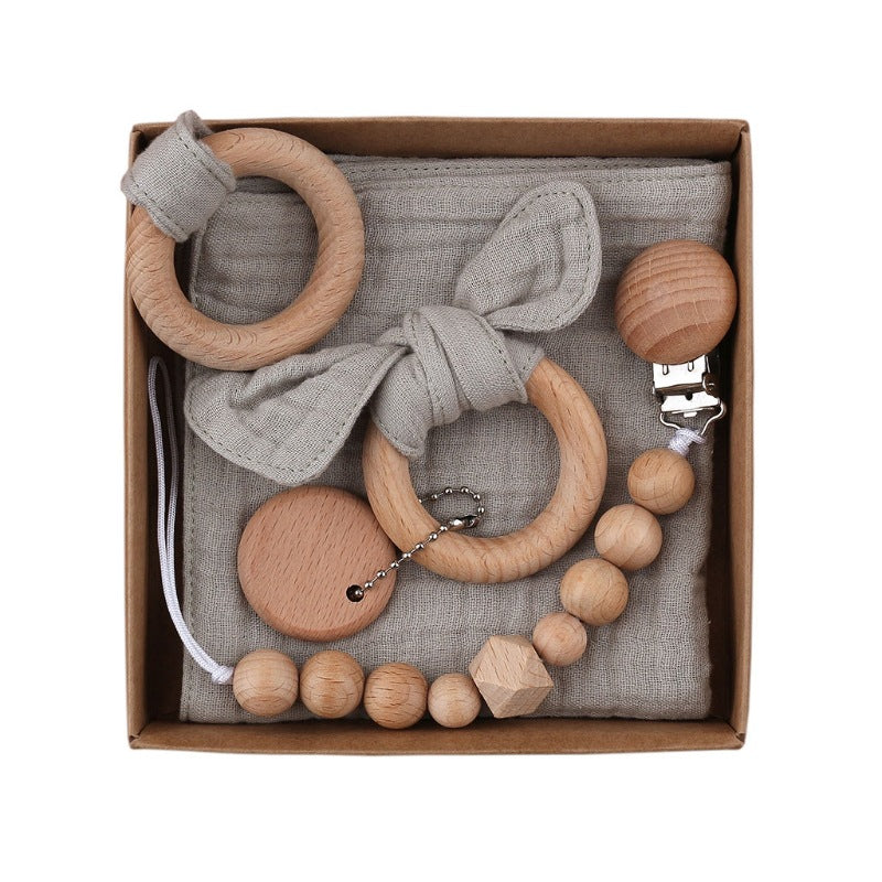 Baby Bath Toy Set Wooden Rattle Infant Babyplay Cotton Comfort Towel Baby Teether Wood Ring Baby Shower Gift