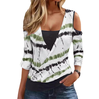 European And American Striped Printed Off-the-shoulder Casual V-neck Fake Two-piece Long-sleeved T-shirt