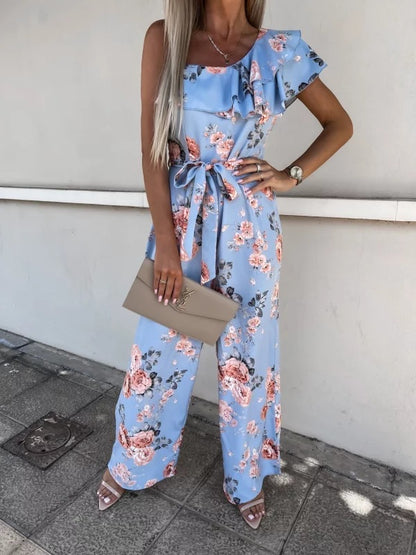 Summer Loose Lace-up Printed Jumpsuit