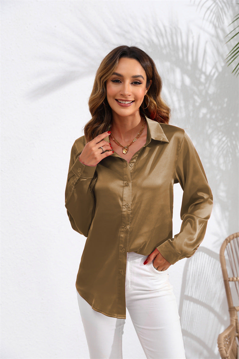 Women's Solid Color Satin Satin Long Sleeve Blouse