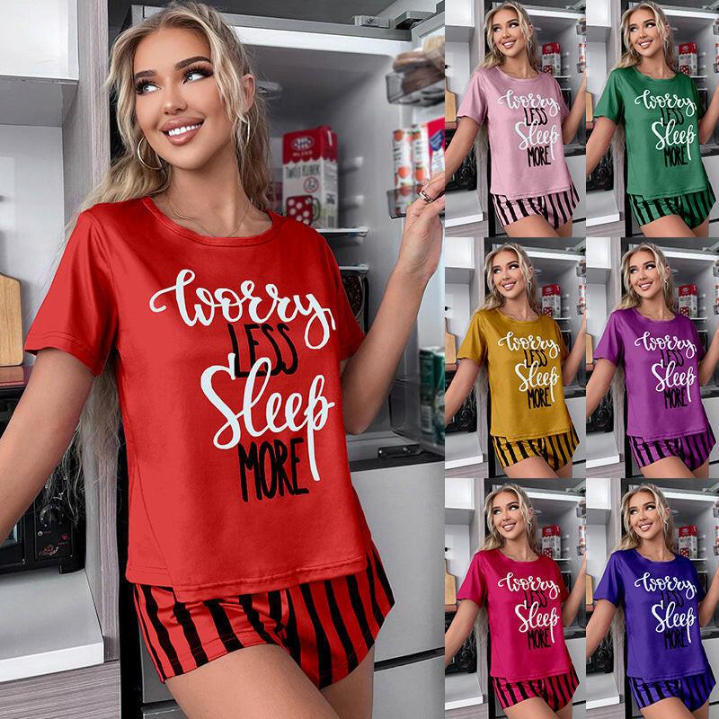 Pajamas Women's Two-piece Short Sleeve Striped Shorts Women's Casual Suit Homewear - myETYN