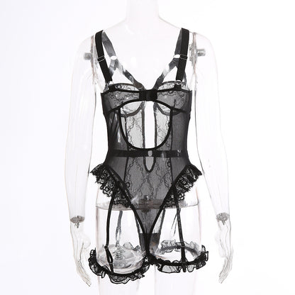 Sexy Lace Lace Cutout See through Sling One Piece Sexy Lingerie Jumpsuit with Leg Ring