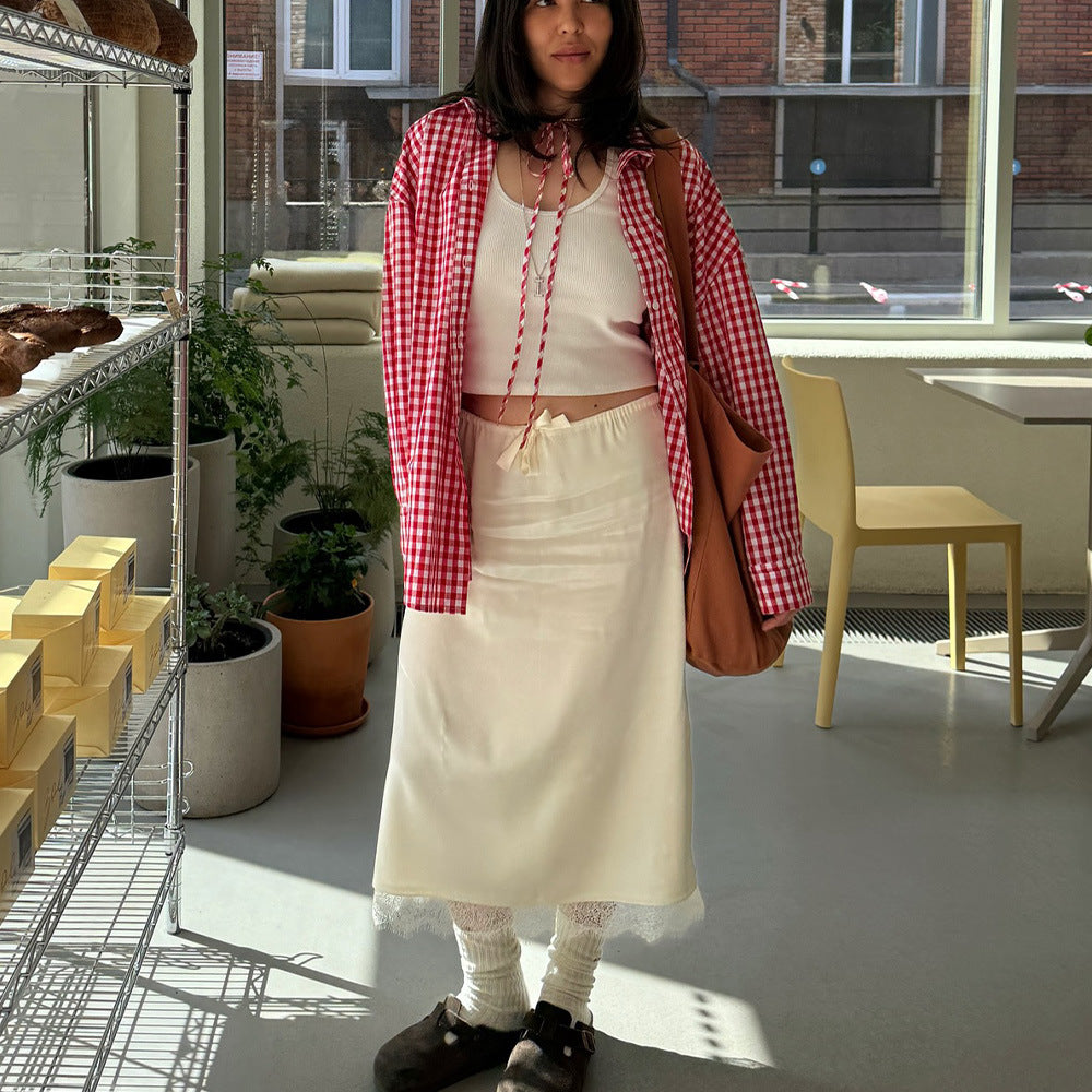 French Lace Stitching Satin Skirt Sexy Solid Color High Waist Slim Fit