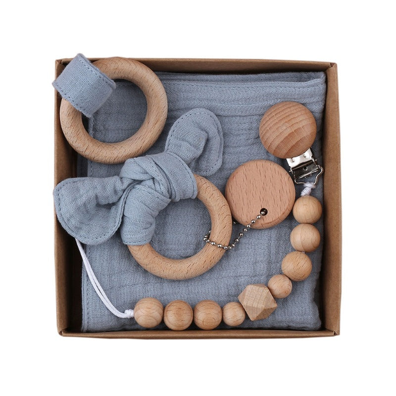 Baby Bath Toy Set Wooden Rattle Infant Babyplay Cotton Comfort Towel Baby Teether Wood Ring Baby Shower Gift