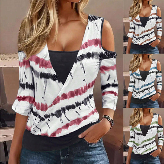 European And American Striped Printed Off-the-shoulder Casual V-neck Fake Two-piece Long-sleeved T-shirt