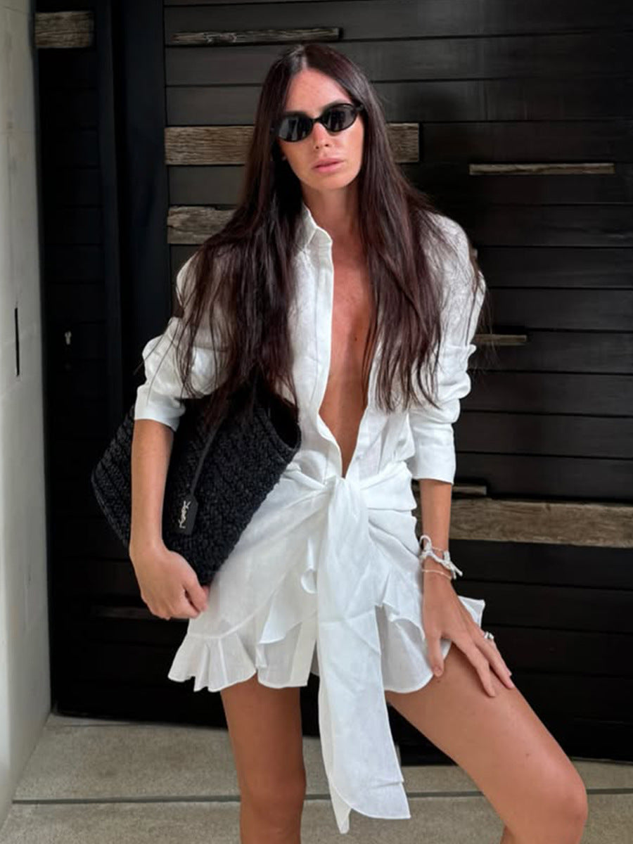 Women’s Cotton Shirt Dress – Elegant Tie Waist Summer Vacation Mini Dress