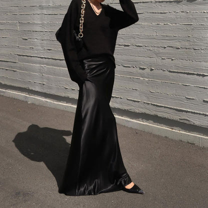 French Satin Draping Office Skirt Women Clothing Spring Autumn Fashionable Temperamental All Match High Waist Hip Skirt