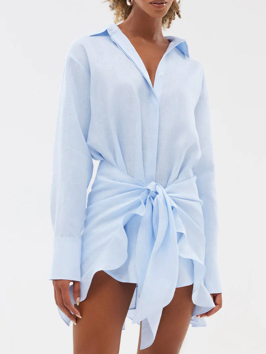 Women’s Cotton Shirt Dress – Elegant Tie Waist Summer Vacation Mini Dress