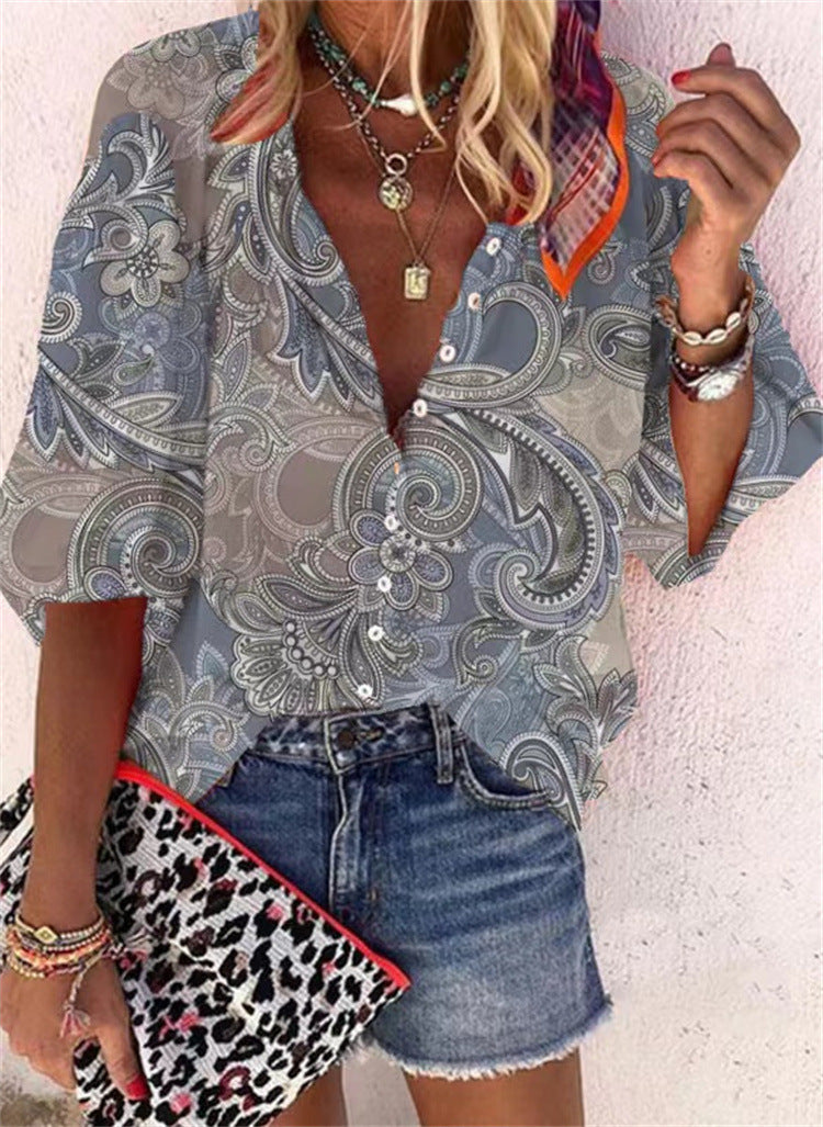 Women's Fashion Stand Collar Loose Button Vintage Printed Casual Shirt - myETYN