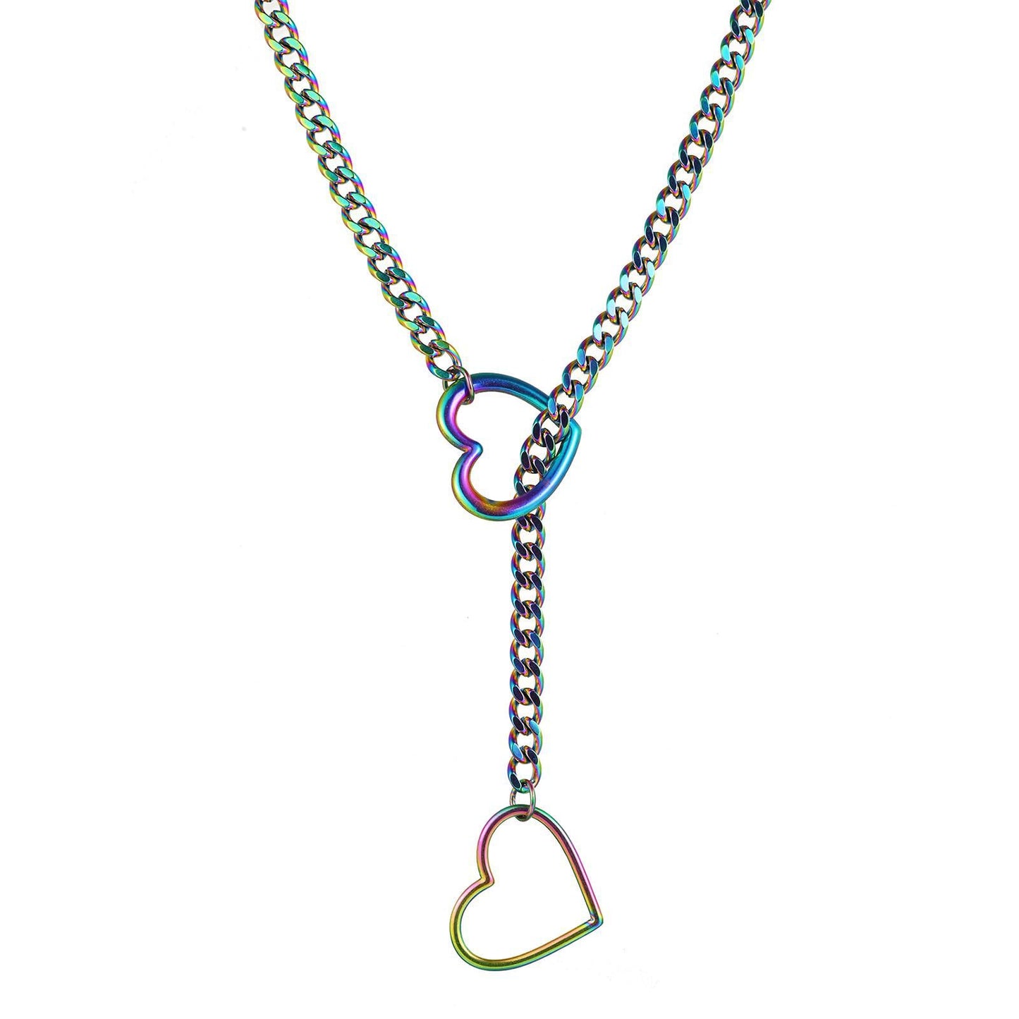 Unisex Stainless Steel Heart Lariat Necklace - Punk Rock Choker with Cuban Link Chain