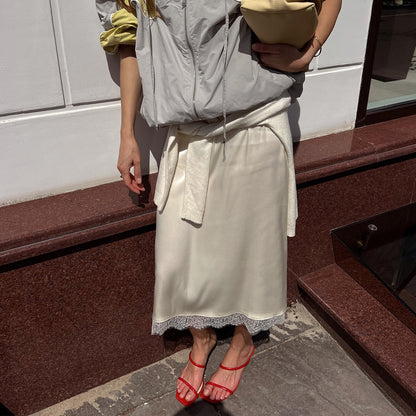 French Lace Stitching Satin Skirt Sexy Solid Color High Waist Slim Fit