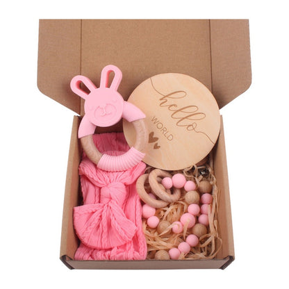 Baby Bath Toy Set Wooden Rattle Infant Babyplay Cotton Comfort Towel Baby Teether Wood Ring Baby Shower Gift