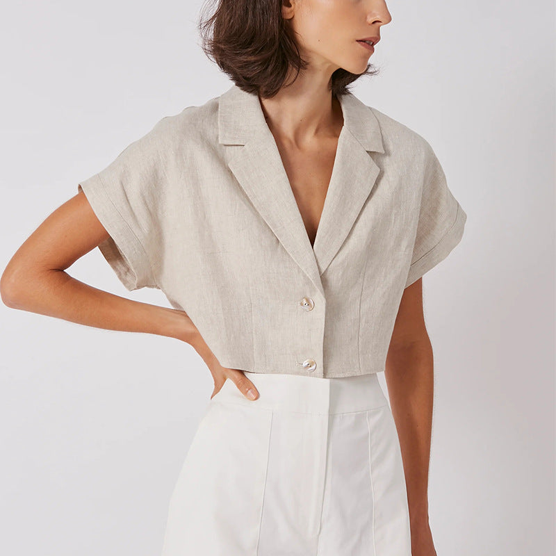 Summer French Cotton Linen Short Collared Shirt Urban Casual Design Pure Linen Short Sleeve Tup Cardigan - myETYN