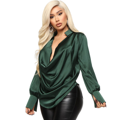 Fall Winter Sexy Long Sleeve Deep V Plunge Neck Satin All Match Women Shirt - myETYN