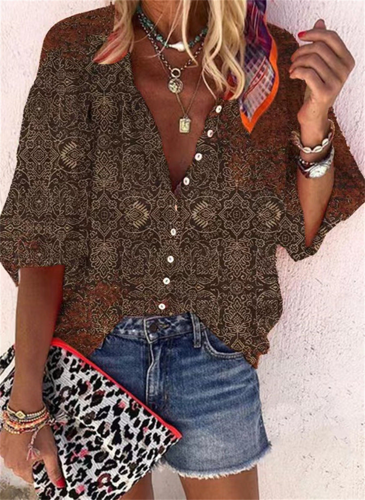 Women's Fashion Stand Collar Loose Button Vintage Printed Casual Shirt - myETYN