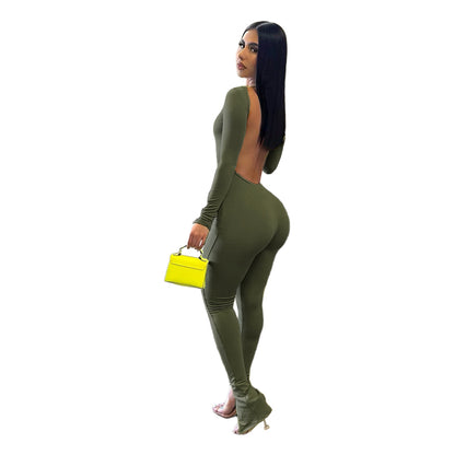 Women Clothing Sexy Finger Stall Clothes Solid Color Backless Slit Small Horn Jumpsuit