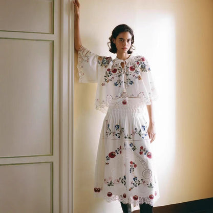 Embroidered Floral Hollow Out Tied Loose Round Neck Puff Sleeve Top