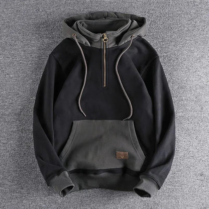 Autumn & Winter Men's Retro Hooded Sweatshirt with Fleece Lining and Stand Collar in Trendy Contrast Colors - myETYN