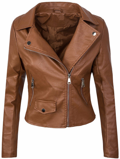 Women's Fall Winter Coat Slim PU Leather Short Zipper Leather Jacket Leather Coat - myETYN