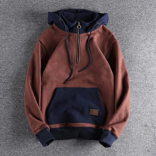 Autumn & Winter Men's Retro Hooded Sweatshirt with Fleece Lining and Stand Collar in Trendy Contrast Colors - myETYN