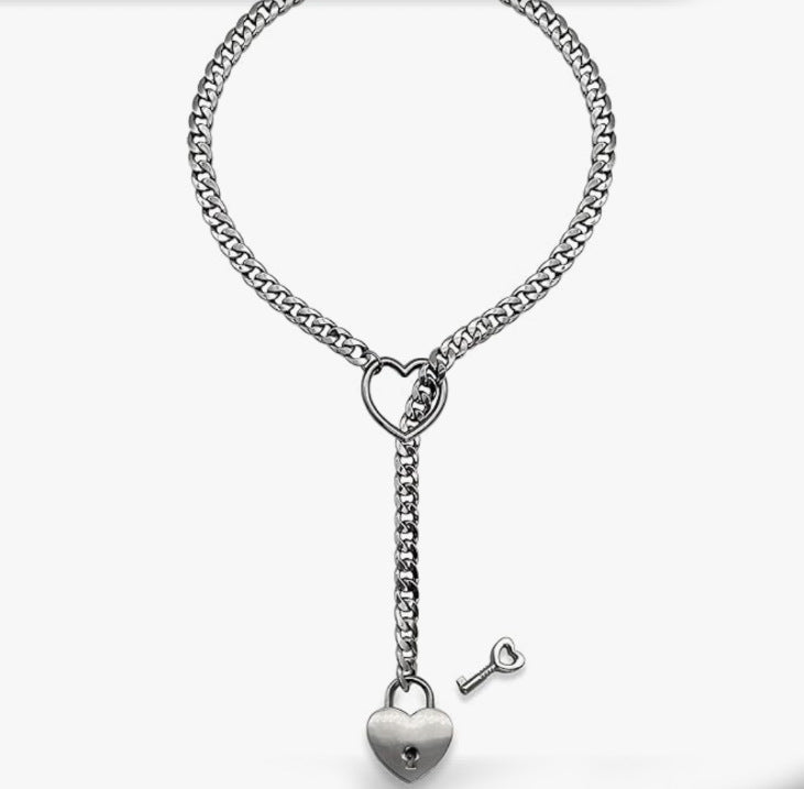 Unisex Stainless Steel Heart Lariat Necklace - Punk Rock Choker with Cuban Link Chain