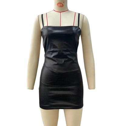 Women Mini Dress Crocodile Texture Sling Leather Sexy Backless Sheath - myETYN