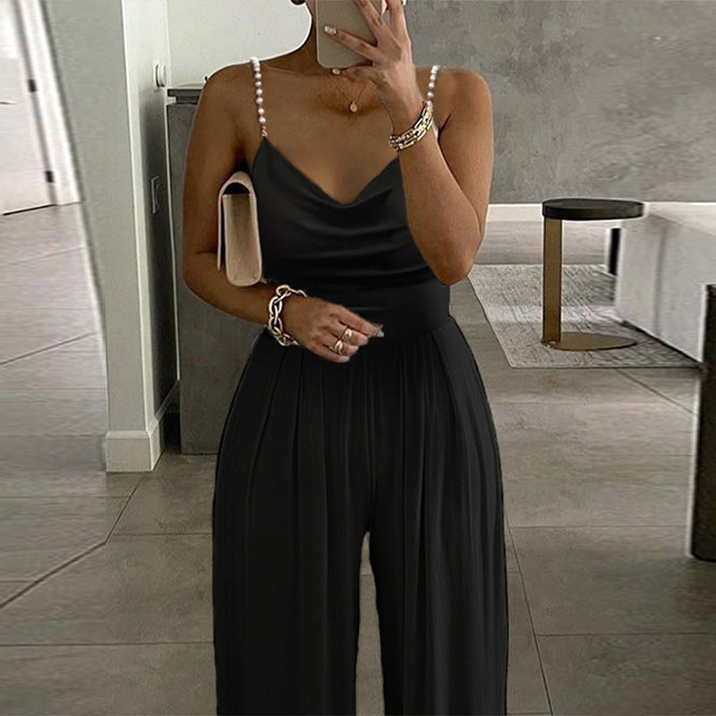 Pearl Suspender Wide Leg Sleeveless V-neck Backless Trousers Jumpsuit