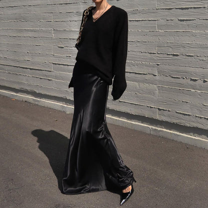 French Satin Draping Office Skirt Women Clothing Spring Autumn Fashionable Temperamental All Match High Waist Hip Skirt