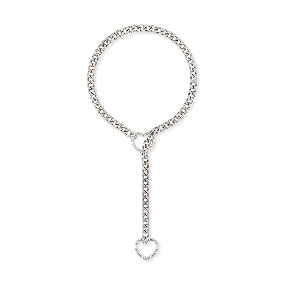 Unisex Stainless Steel Heart Lariat Necklace - Punk Rock Choker with Cuban Link Chain