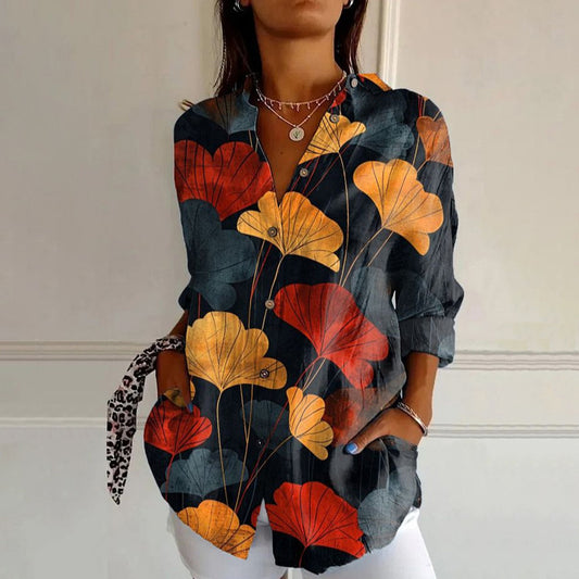 Women's Retro Red Apricot Leaf Printed Loose Shirt