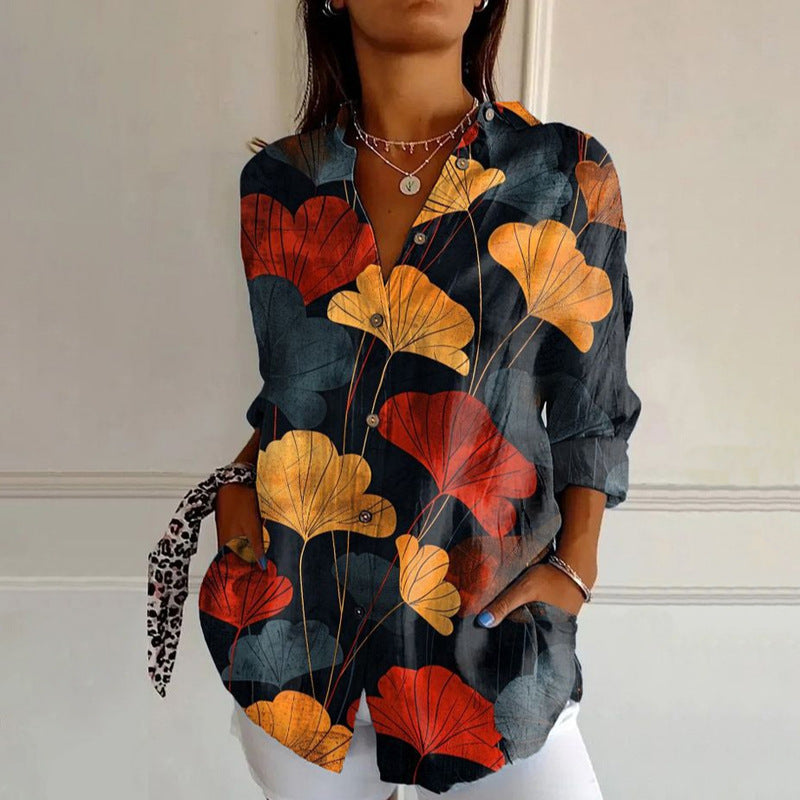Women's Retro Red Apricot Leaf Printed Loose Shirt